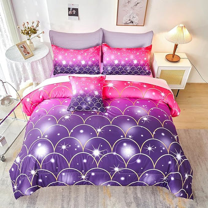 URBONUR 6Pcs Twin Comforter Set for Girls Pink and Purple Mermaid Printed Kids Bedding Set, Soft Microfber Gilrs Twin Bed Sets