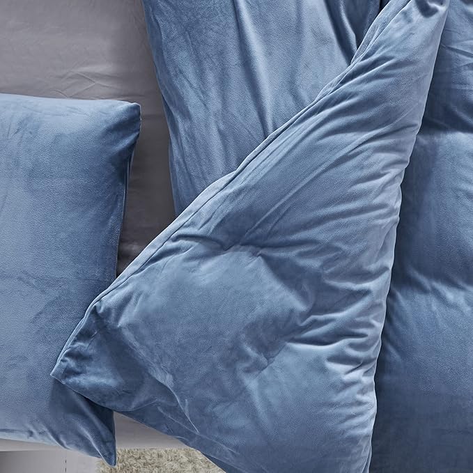 Wellboo Blue Velvet Comforter Sets Full Size Women Men Solid Lake Blue Fluffy Bedding Comforters Modern Minimalist Blue Flannel Cozy Quilts Plain Haze Blue Aesthetic Blanket Ultra Soft Shaggy Bed