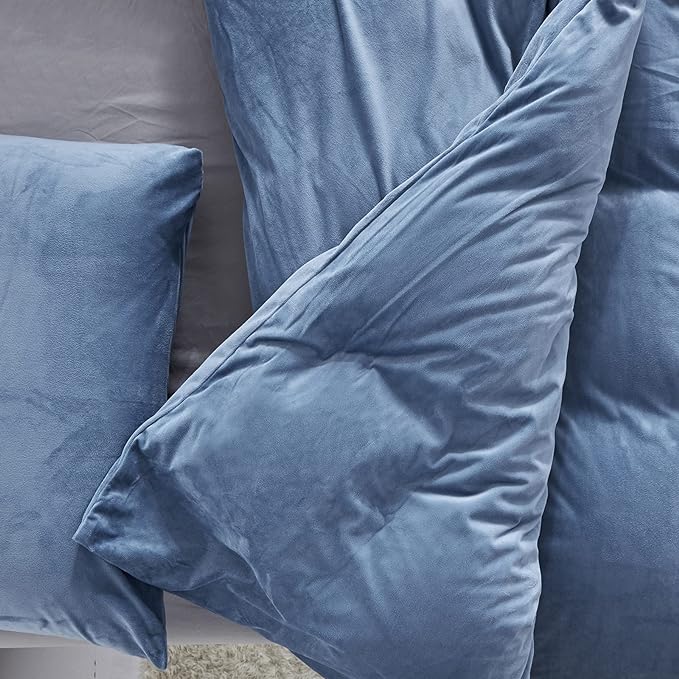 Wellboo Blue Velvet Bedding Comforter Sets Queen Size Adults Men Solid Lake Blue Fluffy Comforters Cotton Women Plain Haze Blue Flannel Quilts Warm Winter Micromink Sherpa Blankets Aesthetic Dorm Bed