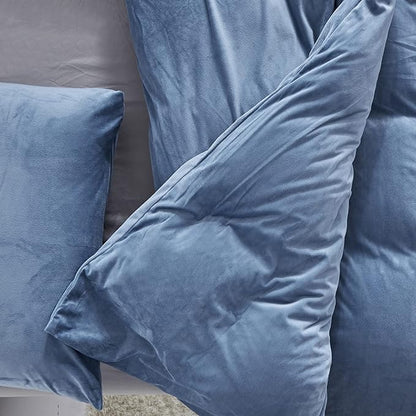 Wellboo Blue Velvet Bedding Comforter Sets Queen Size Adults Men Solid Lake Blue Fluffy Comforters Cotton Women Plain Haze Blue Flannel Quilts Warm Winter Micromink Sherpa Blankets Aesthetic Dorm Bed