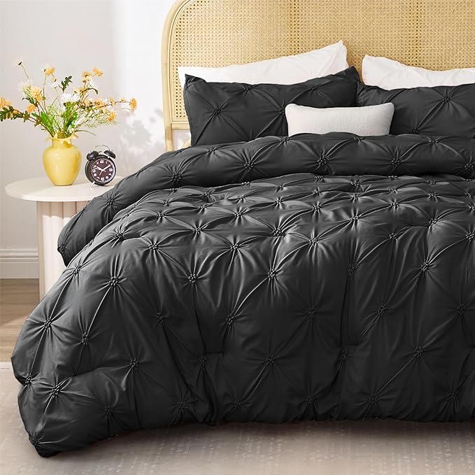 BEDELITE Black Twin Comforter Set for Girls - 2 Peices Boho Pintuck Bedding Comforter Sets, Lightweight Soft & Warm Twin Bedding Sets with 1 Pillowcase for All Season