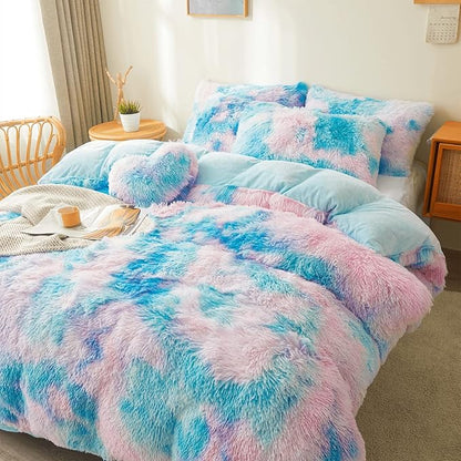 Tie dye Blue Plush Fluffy Comforter Cover Set Queen - Ultra Soft Faux Fur tie dye Bedding Sets 3 Pieces (1 Shaggy Duvet Cover + 2 Pillow case) Fluffy Bed Set (Tie Dye Blue, Queen)