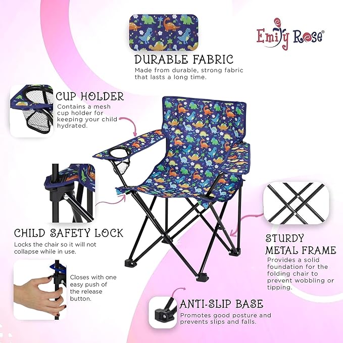 Emily Rose Kids Folding Chair | Beach Chair with Safety Lock- Camping Chair for Boyos Girls Toddler with Cup Holder & Carry Case- Tailgate, Travel, Lawn- for Indoor & Outdoor (Playful Dinosaurs)