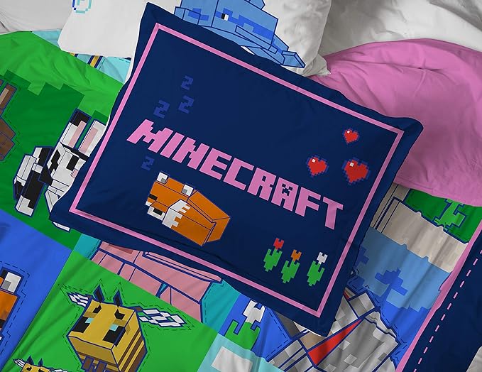Jay Franco Minecraft Animal Patch 7 Piece Full Bed Set - includes Comforter & Sheet Set Bedding - Super Soft Fade Resistant Microfiber (Official Minecraft Product)