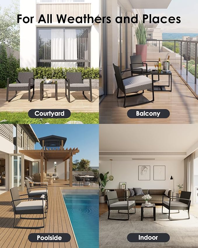 3 Piece Wicker Patio Furniture Set, Outdoor Rocking Chairs, Outdoor Furniture with Table & Cushions, Patio Chairs Balcony Porch Furniture, Gray