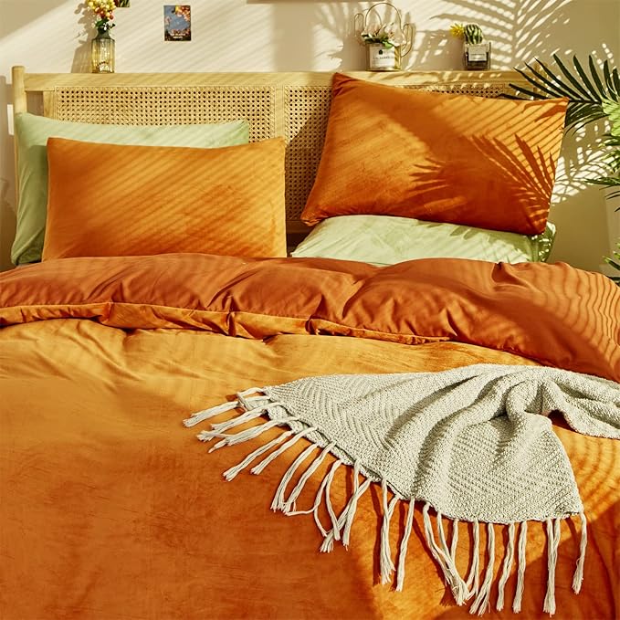 Burnt Orange Color Velvet Comforter Set King Solid Rust Color Flannel Velvet Bedding Comforter Set All Caramel Colour 3 PCs Shaggy Soft Warm and Durable Flannel Blanket King
