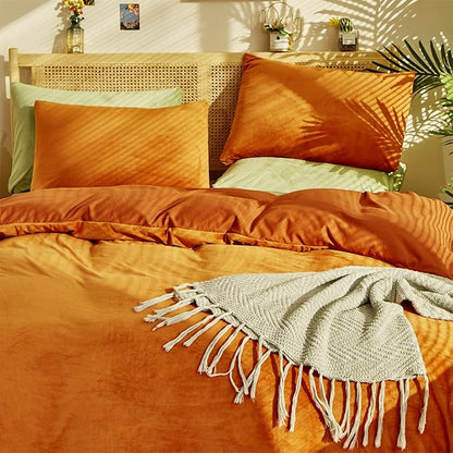 Burnt Orange Color Velvet Comforter Set King Solid Rust Color Flannel Velvet Bedding Comforter Set All Caramel Colour 3 PCs Shaggy Soft Warm and Durable Flannel Blanket King