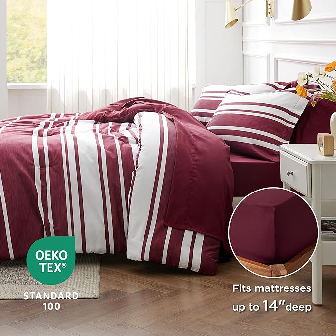 Bedsure Bed in a Bag Twin Size 5-Piece Burgundy White Striped Bedding Comforter Sets All Season Bed Set with 1 Pillow Sham, Flat Sheet, Fitted Sheet and 1 Pillowcase