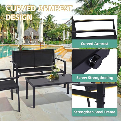 4 Pieces Patio Furniture Set Outdoor Garden Patio Conversation Sets Poolside Lawn Chairs with Tempered Glass Coffee Table Loveseat Porch Furniture Textilene Fabric Black