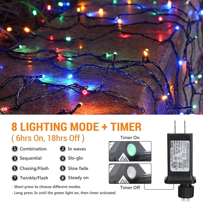 Toodour Christmas Lights Outdoor, 213ft 600 LED Christmas String Lights, 8 Modes, Timer, Waterproof Christmas Fairy Twinkle Lights for Home Garden Yard Wedding Party Tree Xmas Decors - Multicolor