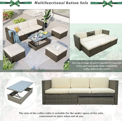 5 Pieces Patio Furniture Sets All Weather Wicker Rattan Sectional Sofa Outdoor Conversation with Adustable Backrest, Cushions, Ottomans and Lift Top Coffee Table for Poolside, Garden, Backyard