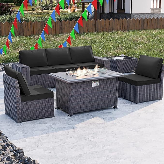 Kullavik 7 Pieces Outdoor Patio Furniture Set with 43" 55000BTU Gas Propane Fire Pit Table PE Wicker Rattan Sectional Sofa Patio Conversation Sets