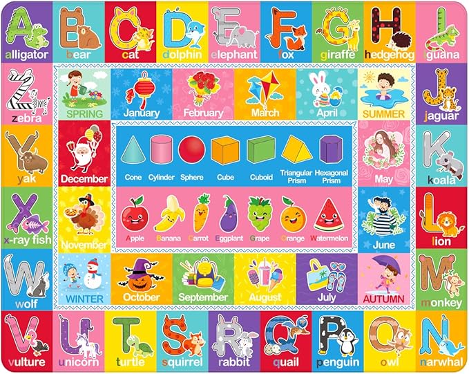 IMIKEYA Play Rugs Playroom Mat with Colorful Pattern, Playtime Collection ABC Alphabet, Seasons, Months, Fruit and Shapes Playmat Educational Rug for Kids Playroom Bedroom, 55 x 43.3 Inch