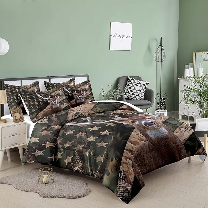 NINENINE Camo Deer Bedding Sets Full Size American Flag Comforter for Boys Adult Teens Western Theme Wildlife Forest Hunted Animal Comforter Sets with 1 Comforter 2 Pillowcases