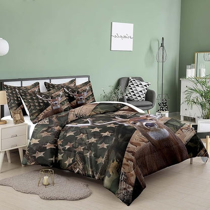 NINENINE Deer Bedding Western Comforter Sets Queen Size Bedding Sets for Boys Camo Bedding Wildlife Forest Comforter Hunting Bed Sets with 1 Comforter 2 Pillowcases