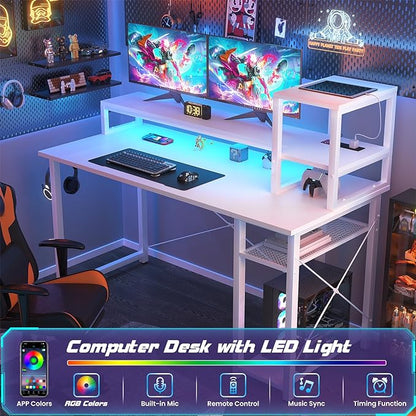 Gaming Desk with Lights & Power Outlets, 47.2' Computer Desk with Shelves, Small Desk for Small Space, Writing Desk with Monitor Stand, White