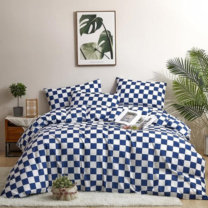 Royal Blue White Grid Comforter Set Cal King Royal Blue Plaid Bedding Set Women Royal Blue and White Checkered Bed Comforter Set Breathable Blanket Set Men Durable Bedding Comforter Set