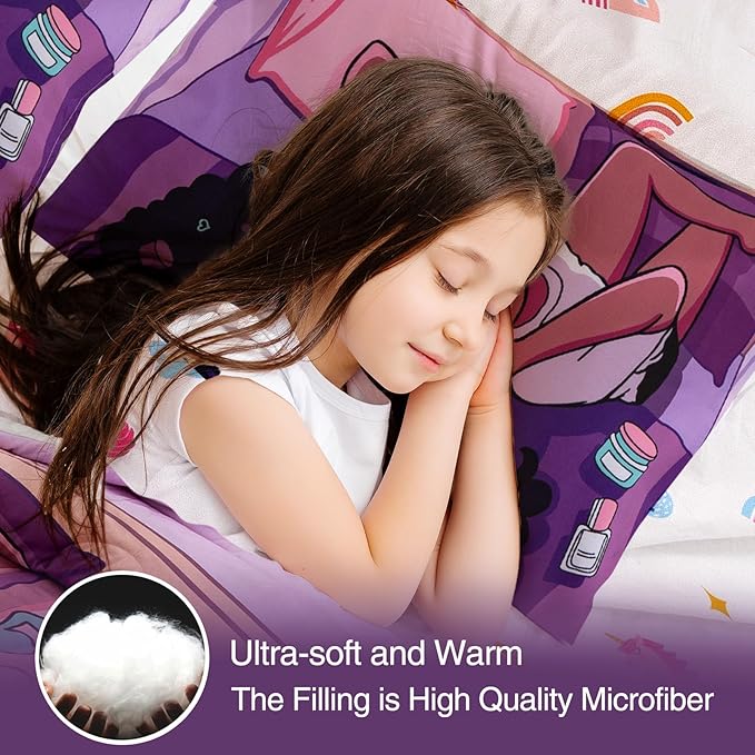 A Nice Night Purple Comforter Sets,Black Girl Listening Music Printed, 6Pcs Bed in A Bag Twin Size All Seasons Bedding Set,for Kids, Girls