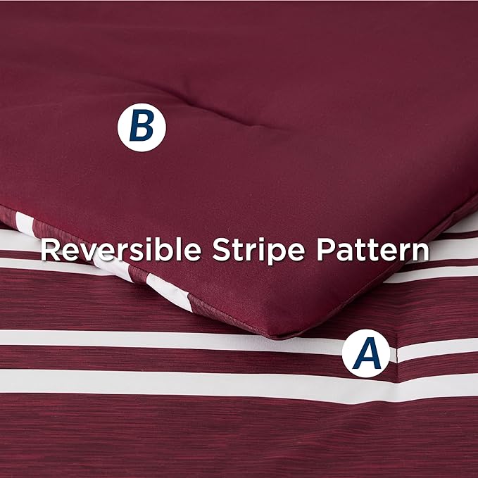 Bedsure Bed in a Bag King Size 7-Piece Burgundy White Striped Bedding Comforter Sets All Season Bed Set, 2 Pillow Shams, Flat Sheet, Fitted Sheet and 2 Pillowcases
