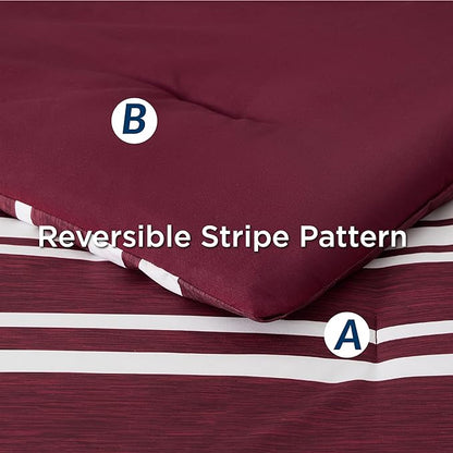 Bedsure Bed in a Bag Twin Size 5-Piece Burgundy White Striped Bedding Comforter Sets All Season Bed Set with 1 Pillow Sham, Flat Sheet, Fitted Sheet and 1 Pillowcase