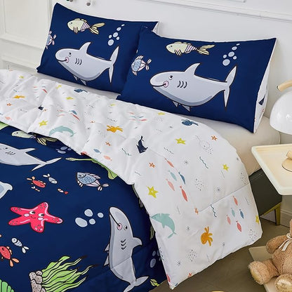 RYNGHIPY Kids Bedding Set for Twin Bed Reversible Ocean Animals Print Comforter Set for Boys Girls Easy-Wash Super Soft Microfiber Bed Set (Navy Ocean,Twin)