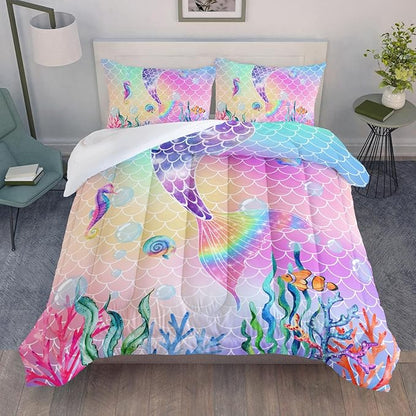 Datura home Bedding Comforter Set Rainbow Pink Mermaid Tail Printed Pattern Quilt with 1 and 2 Pillowcases for Girls Bedroom All Season(Rainbow Queen) Queen 90x90inches