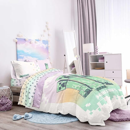Minecraft Creeper Full Comforter Set - 7 Piece Bedding includes Sheet Set & Pillow Covers - Super Soft Pink & Green Kids Bedding