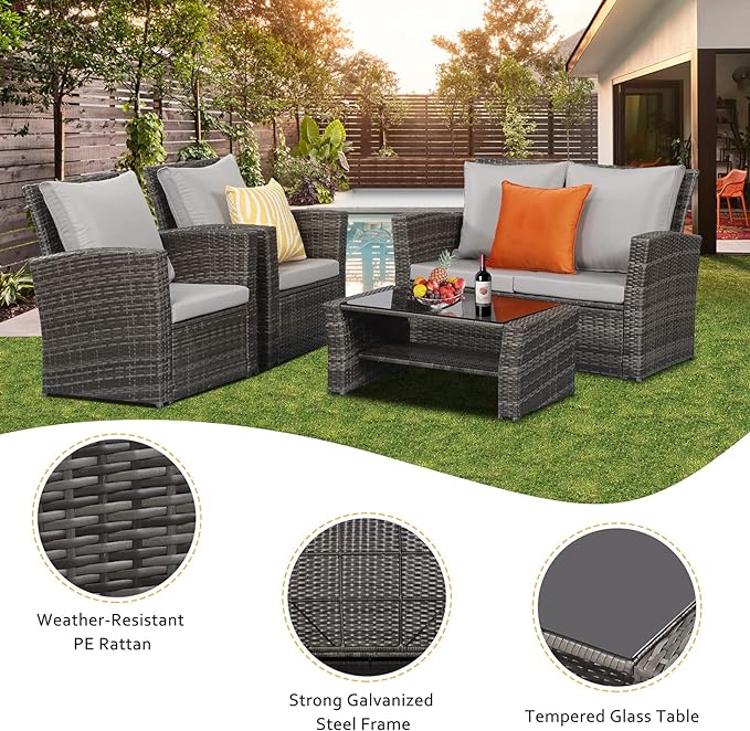 Solaste 4 Piece Patio Outdoor Furniture Sets,Patio Conversation Sofa Wicker Chair with Cushion,Hand Woven Rattan Sofa for Porch Backyard Outside Garden Lawn Yard,Grey