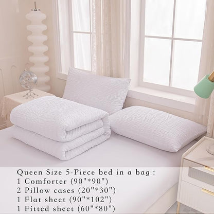 Seersucker Light White Bed Comforter Sets Queen Size for Women Boho White Seersucker Bedding Set 5 Pieces-Microfiber Lightweight Soft Bed Set for All Season,Queen