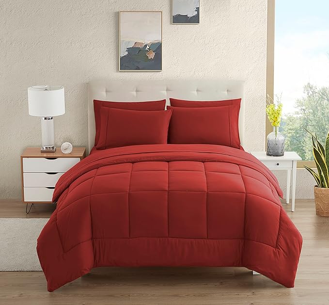 Dorm Room Essentials College Bedding Comforter Set 7 Piece Full Size Bed in a Bag for College Students Boys and Girls, Full, Red