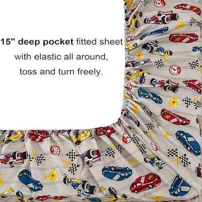 Mooreeke Full Size Comforter Sets for Boys Kids, 8 Pieces Bed in a Bag Racing Car Bedding Comforter Sheet Set with Shams and Decorative Toy Pillow, Ultral Soft Microfiber Kids Bed Set