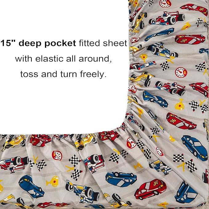 Mooreeke Queen Size Comforter Sets for Boys Kids, 8 Pieces Bed in a Bag Racing Car Bedding Comforter Sheet Set with Shams and Decorative Toy Pillow, Ultral Soft Microfiber Kids Bed Set