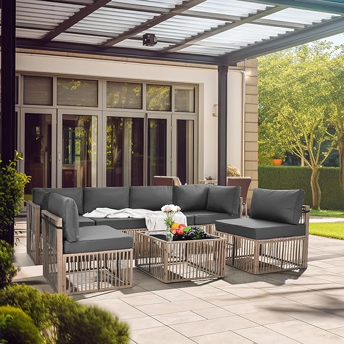 Pamapic 7 Pieces Outdoor Sectional Set, All-Weather PE Rattan Patio Conversation Set, Wicker Adjustable Patio Furniture Set with Washable Cushions Covers and Coffee Table, Brown Rattan, Gray Cushion