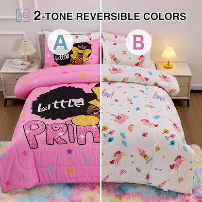 A Nice Night Black Girl Little Princess Comforter Set, Pink 6Pcs Bed in A Bag Full Size Sparkling Stars Bedding Set,for Kids, Girls
