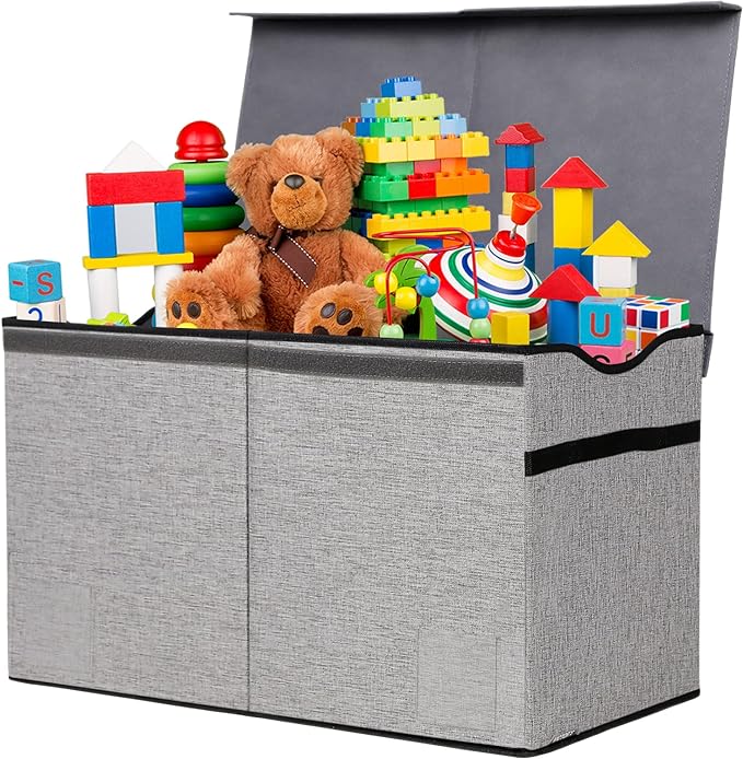 Toy Box Chest, Collapsible Sturdy Storage Bins with Lids, Extra Large Kids Toy Storage Organizer Boxes Bins Baskets for Kids, Boys, Girls, Nursery Room, Playroom, Closet (Fine Linen Gray)