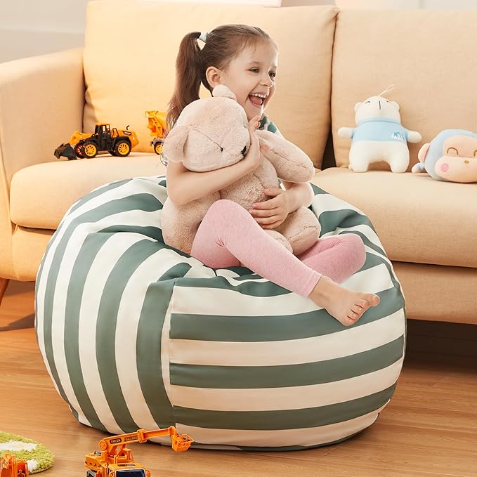 EXQ Home Kids Bean Bag Chairs Cover -Stuffed Animal Bean Bag Storage Green and White Stripes-Zipper Bean Bag for Organizing Children Plush Toys Holiday Gift for Girl,Boys (2XL)