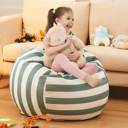 EXQ Home Kids Bean Bag Chairs Cover -Stuffed Animal Bean Bag Storage Green and White Stripes-Zipper Bean Bag for Organizing Children Plush Toys Holiday Gift for Girl,Boys (2XL)