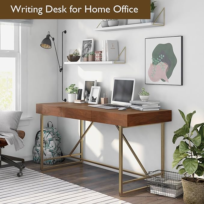Lizon Modern 60 Inch Wood Desk with Drawers, Office Table with Storage, Vanity Without Mirror for Bedroom, Study Room, Dorm, 60-inch, Light Walnut Brown and Gold