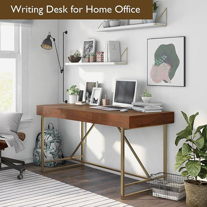 Lizon Modern 60 Inch Wood Desk with Drawers, Office Table with Storage, Vanity Without Mirror for Bedroom, Study Room, Dorm, 60-inch, Light Walnut Brown and Gold