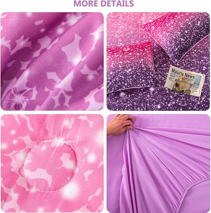 PERFEMET 6Pcs Queen Comforter Set with Sheets, Purple Glitter Tie Dye Girls Bedding Sets, Colorful Ombre Gradient Bed in A Bag, Soft Fluffy Teen Girl Bed Set for Bedroom Decor