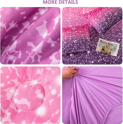 PERFEMET 6Pcs Queen Comforter Set with Sheets, Purple Glitter Tie Dye Girls Bedding Sets, Colorful Ombre Gradient Bed in A Bag, Soft Fluffy Teen Girl Bed Set for Bedroom Decor