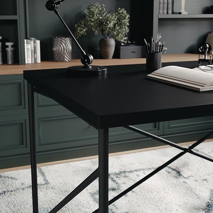 Martha Stewart Maddox Home Office Parsons Desk in Black Wood Grain with Oil Rubbed Bronze Metal X-Frame