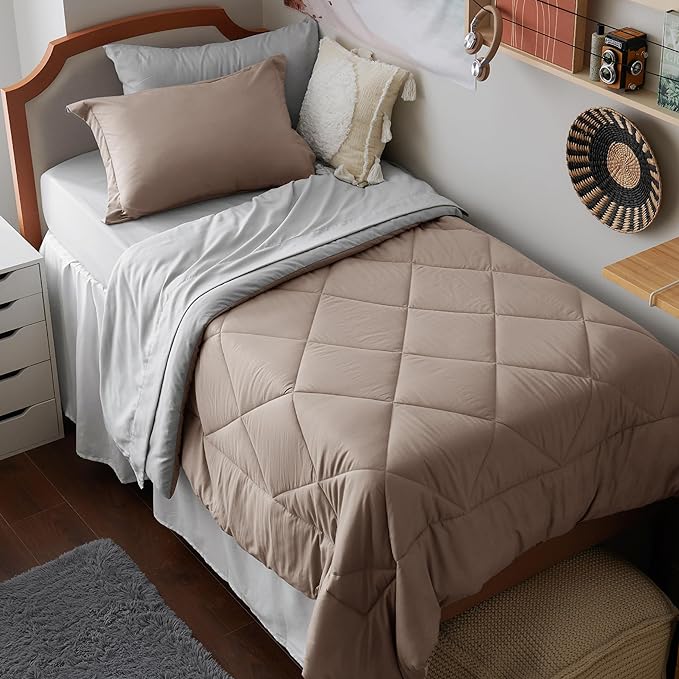Bedsure Taupe Twin XL Comforter Set - 5 Pieces Reversible Twin XL Bed in a Bag Twin XL Bed Set with Comforters, Sheets, Pillowcase & Sham, Twin XL Bedding Sets