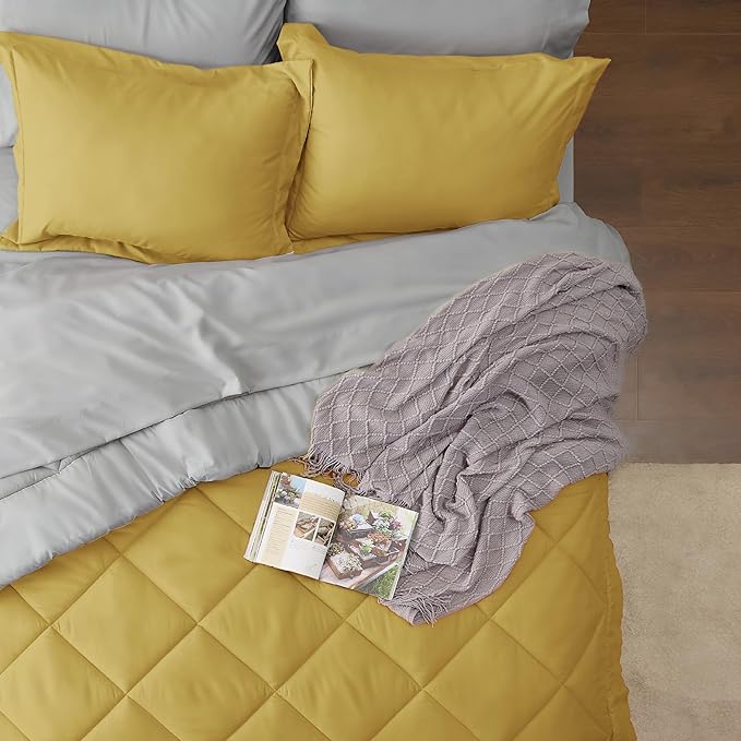 Bedsure Mustard Yellow California King Comforter Set - 7 Pieces Reversible Cal King Bed in a Bag, Cal King Mustard Yellow and Grey Bed Set with Comforters, Sheets, Pillowcases & Shams