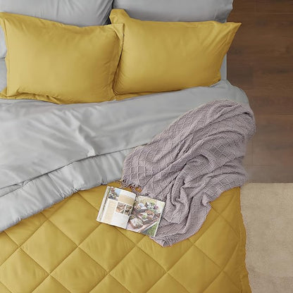 Bedsure Mustard Yellow Twin Comforter Set - 5 Pieces Reversible Twin Bed in a Bag for College, Extra Long Twin Bed Set Mustard Yellow and Grey with Comforters, Sheets, Pillowcase & Sham