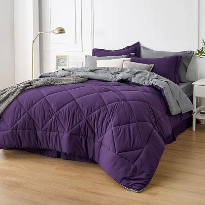 Bedsure Purple Twin Comforter Sets - 5 Pieces Reversible Twin Bedding Sets for College, Purple Extra Long Bed Set Twin with Comforters, Sheets, Pillowcase & Sham