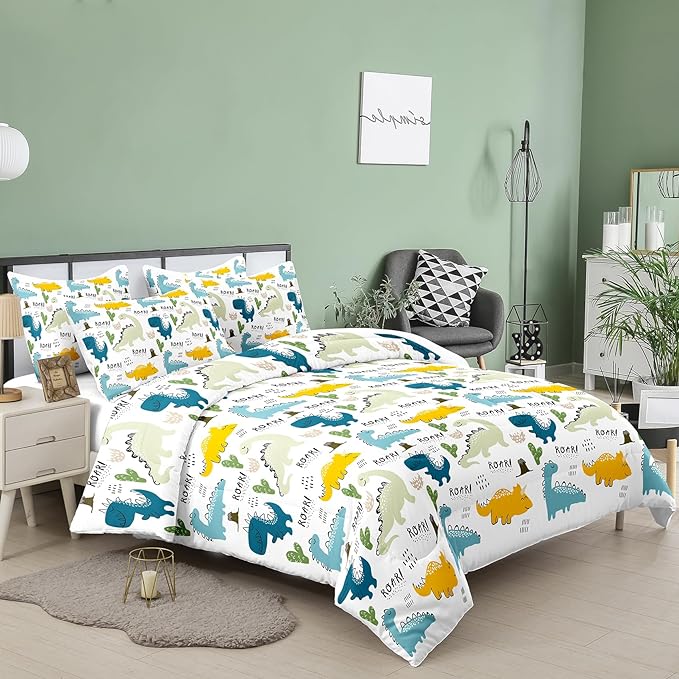 NINENINE Dinosaur Bedding Set for Kids,Twin Comforter Sets for Kids Boys,Blue Dinosaur Comforter Sets Cute Bed Set with 1 Comforter 1 Pillowcase