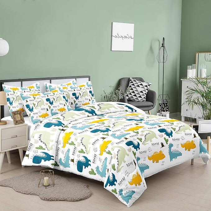 NINENINE Dinosaur Bedding Set for Kids,Queen Size Dinosaur Comforter Sets for kids boys,Blue Bedding Sets Cute Bed Set with 1 Comforter 2 Pillowcases