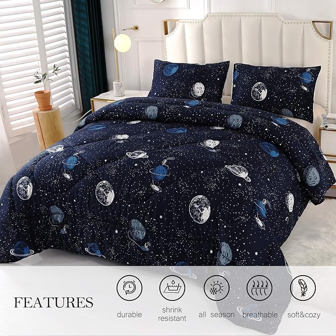 ENJOHOS Space Bedding Comforter Set Full Size for College Boy, 3 Pieces Galaxy Summer Bedding Full, Lightweight Soft Microfiber Universe Blanket Comforter, Dark Blue Comforter for Kid