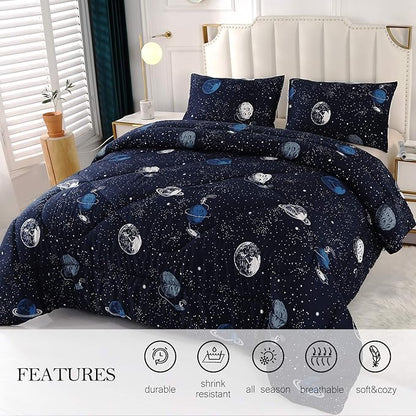 ENJOHOS Space Bedding Comforter Set Full Size for College Boy, 3 Pieces Galaxy Summer Bedding Full, Lightweight Soft Microfiber Universe Blanket Comforter, Dark Blue Comforter for Kid